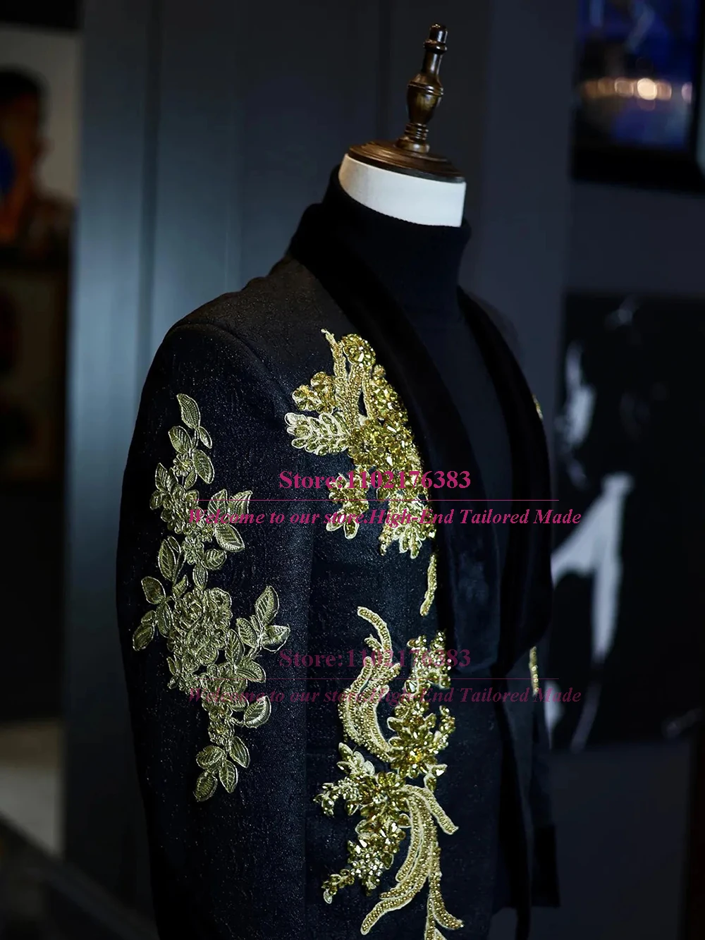 Costume de Luxe 2 Pièces pour Homme, sur Mesure, Smoking de Mariage Formel, Blazer avec Appliques Dorées, Grande Taille, Robe de Bal Élégante pour Petit Ami