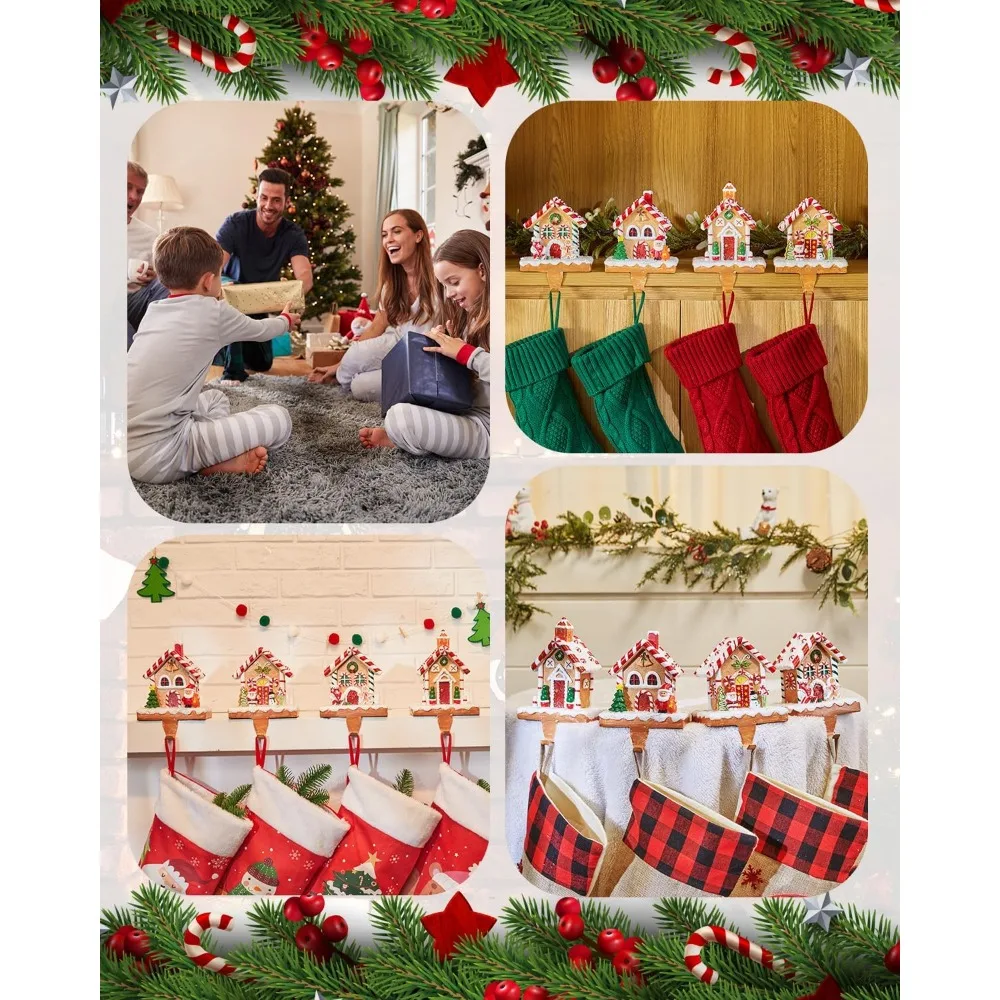 Christmas Stocking Holders for Mantle Set of 4, 3D Resin Stocking Holders Hook for Mantel