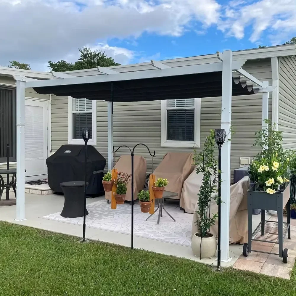 

10 X 12 FT Pergola, Outdoor Retractable Pergola with Sun Shade Canopy Cover White Patio Metal Shelter, Grape Trellis Pergola