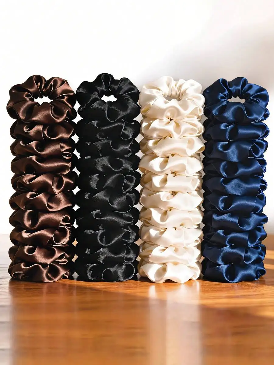 

24pcs Satin Scrunchies Set: Dark Brown, Black, Ivory, Blue. Silky Hair Ties For Low Ponytail, Bun, Half-Up Styles