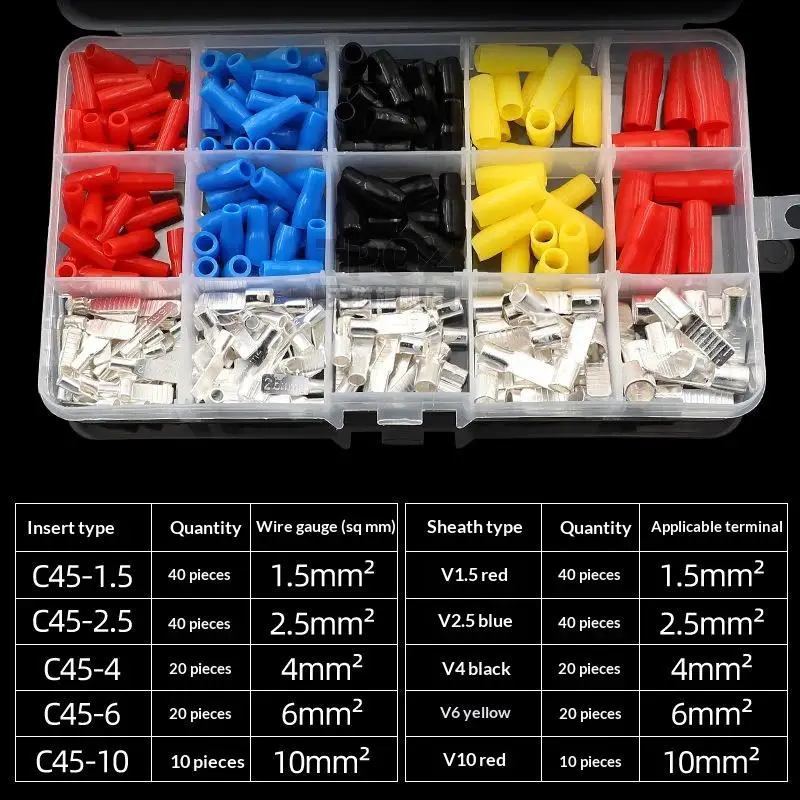 140/260Pcs Set Insert C45 1.5-10mm2 Copper Circuit Breaker Safety Crimper Plug Pin Shaped Cable Lug Crimp Terminal Kit