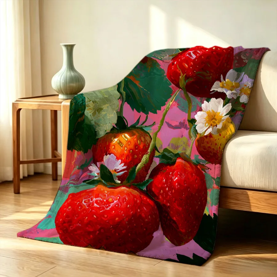 Thick oil painting fruit bright red strawberry with daisies flannel throw blanket, 2D single-sided printed decorative blanket