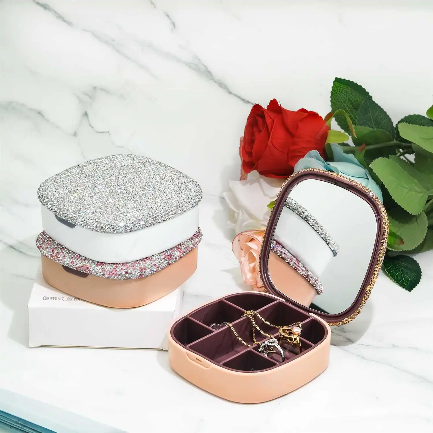 

Portable Luxury Diamond Jewelry Box With Mirror Mini Earrings Ring Holder Storage Case For Necklace Holder Organizer Gift