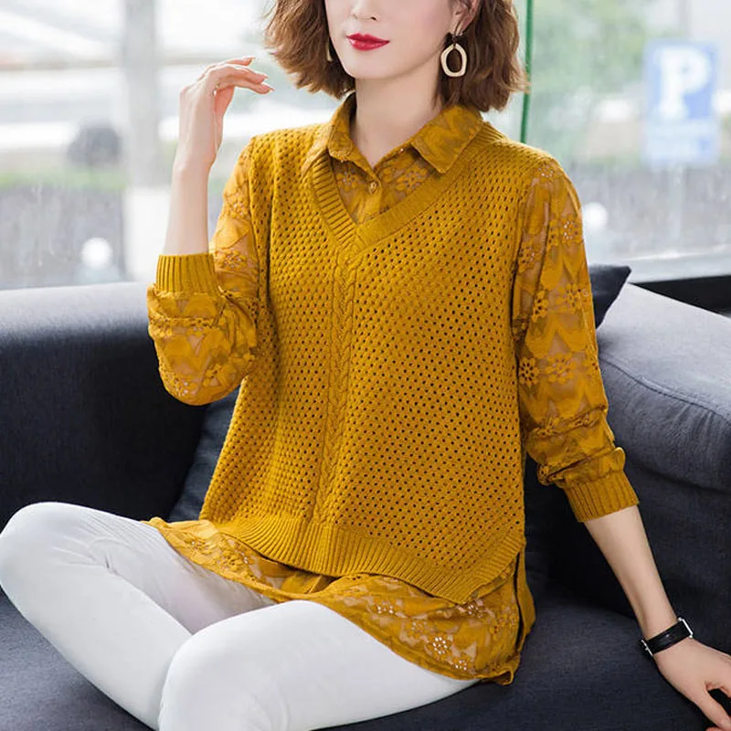 Fashion Fake Two Pieces Knitted Sweaters Shirt Elegant Office Lady Lace Spliced Polo-Neck Blouse Spring Autumn Women\'s Clothing