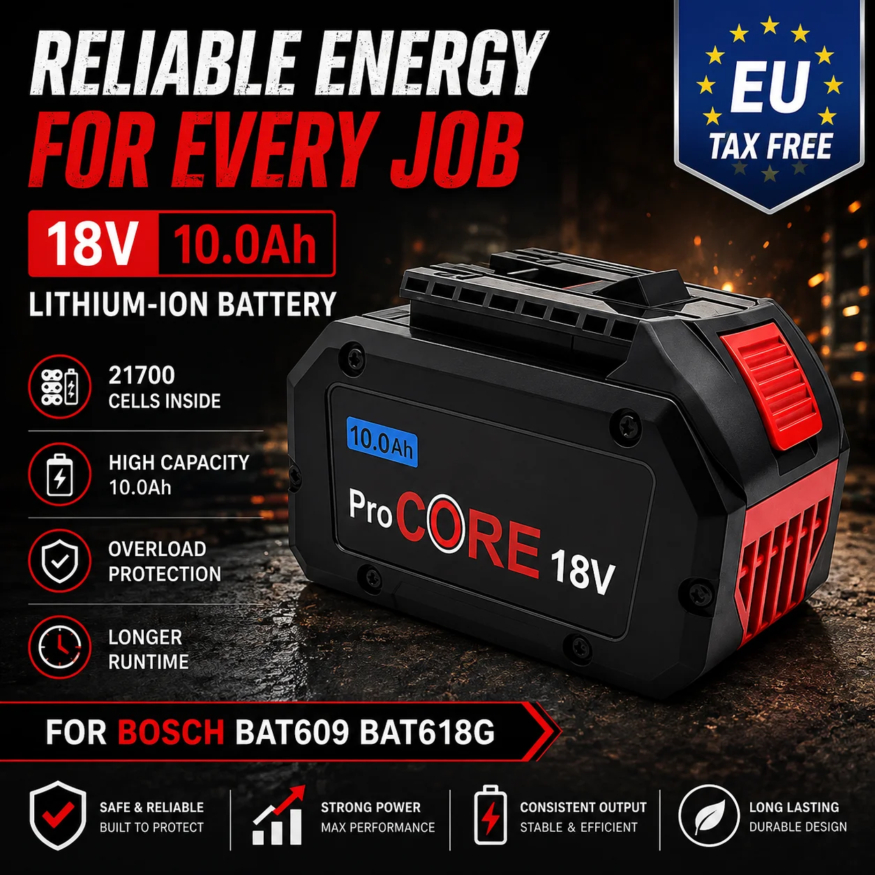 ProCORE Lithium-Ionen-Akku 18 V 10,0 Ah 21700 Zellen Ersatz für Bosch 18 V Professional System BAT609 BAT618 GBA18V80 Akku-Werkzeuge