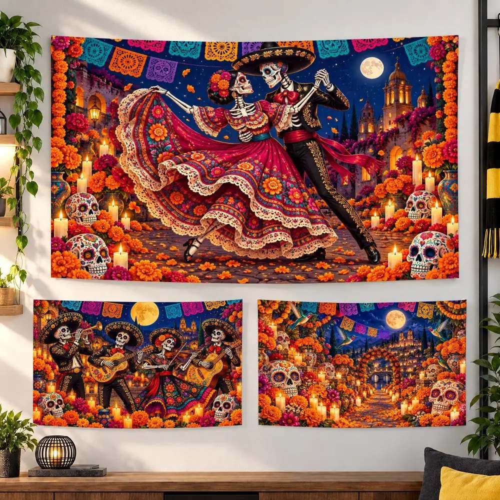 Mexico Day Of The Dead Tapestry Durable Soft Microfiber Horizontal Wall Hanging Decor For Bedroom Patio Garden Parties