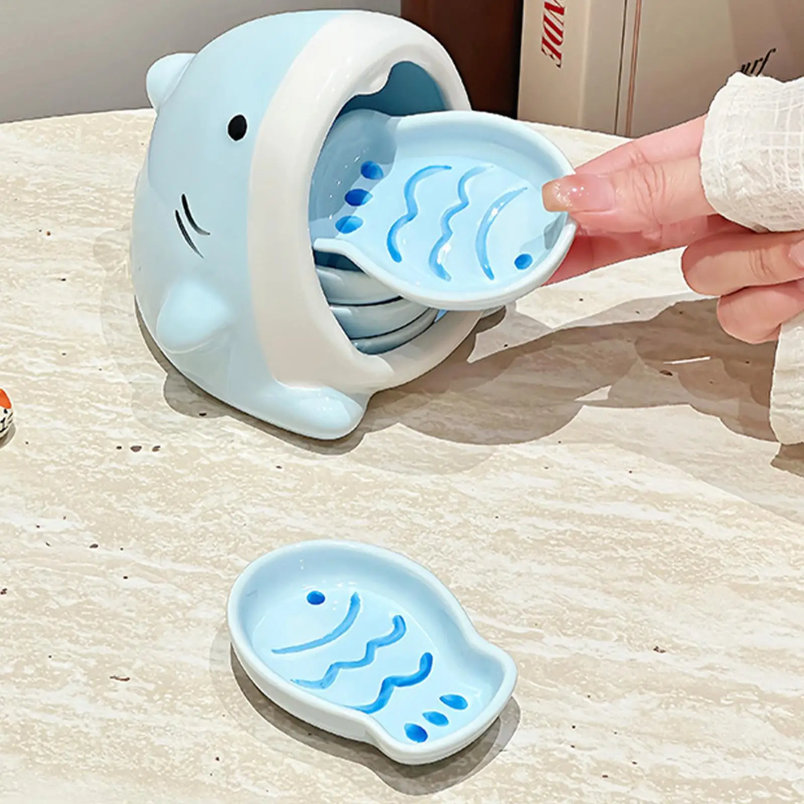 Open-Mouth Shark Holder Dip Bowls for Sushi BBQ Dumpling Snack Soy Sauce Dish 5 Pieces Fish Shape Ceramic Seasoning Plate