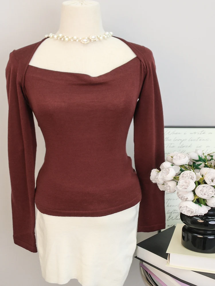 

Autumn Winter Woolen Ballet T-irt 48 Tead Count Base Layer irt Women's Slim Fit Knitted Sweater Pure Color Long Sve