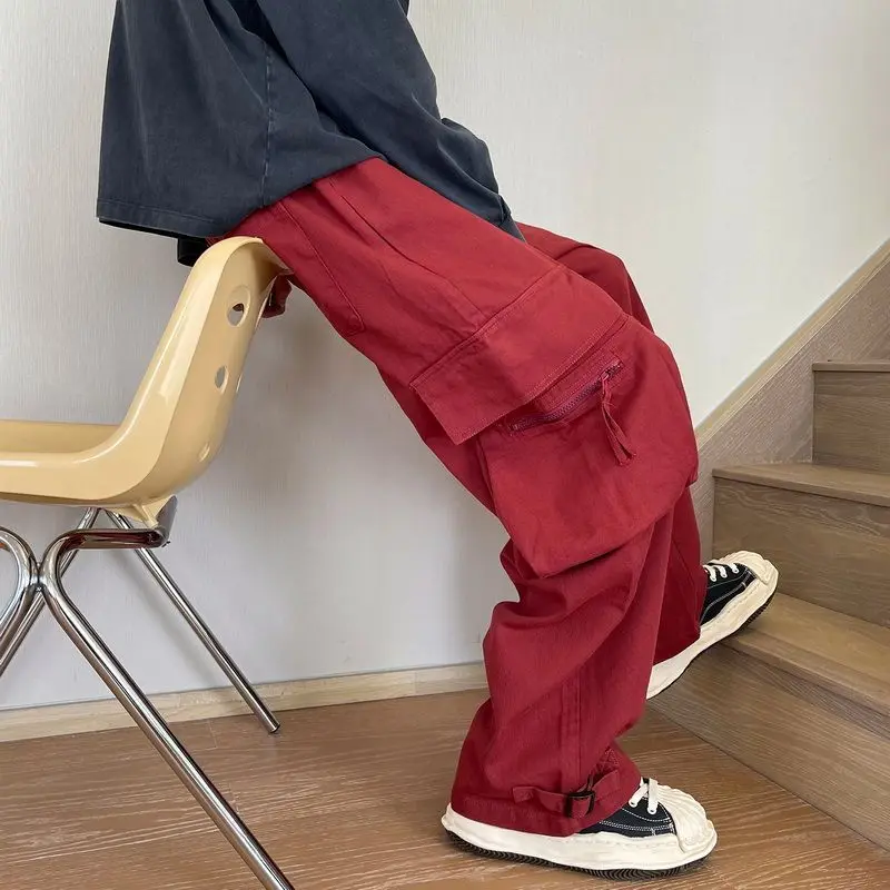 

Red Trousers Man Oversize Straight Spring Summer Korean Style Casual Cheap Loose Luxury Designer New In Long Cargo Pants for Men