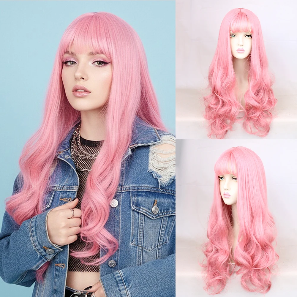 Synthetic Long Pink Curly Wig with Bangs for Women Cosplay Lolita Party Realistic Fake Hair Heat Resistant Fiber