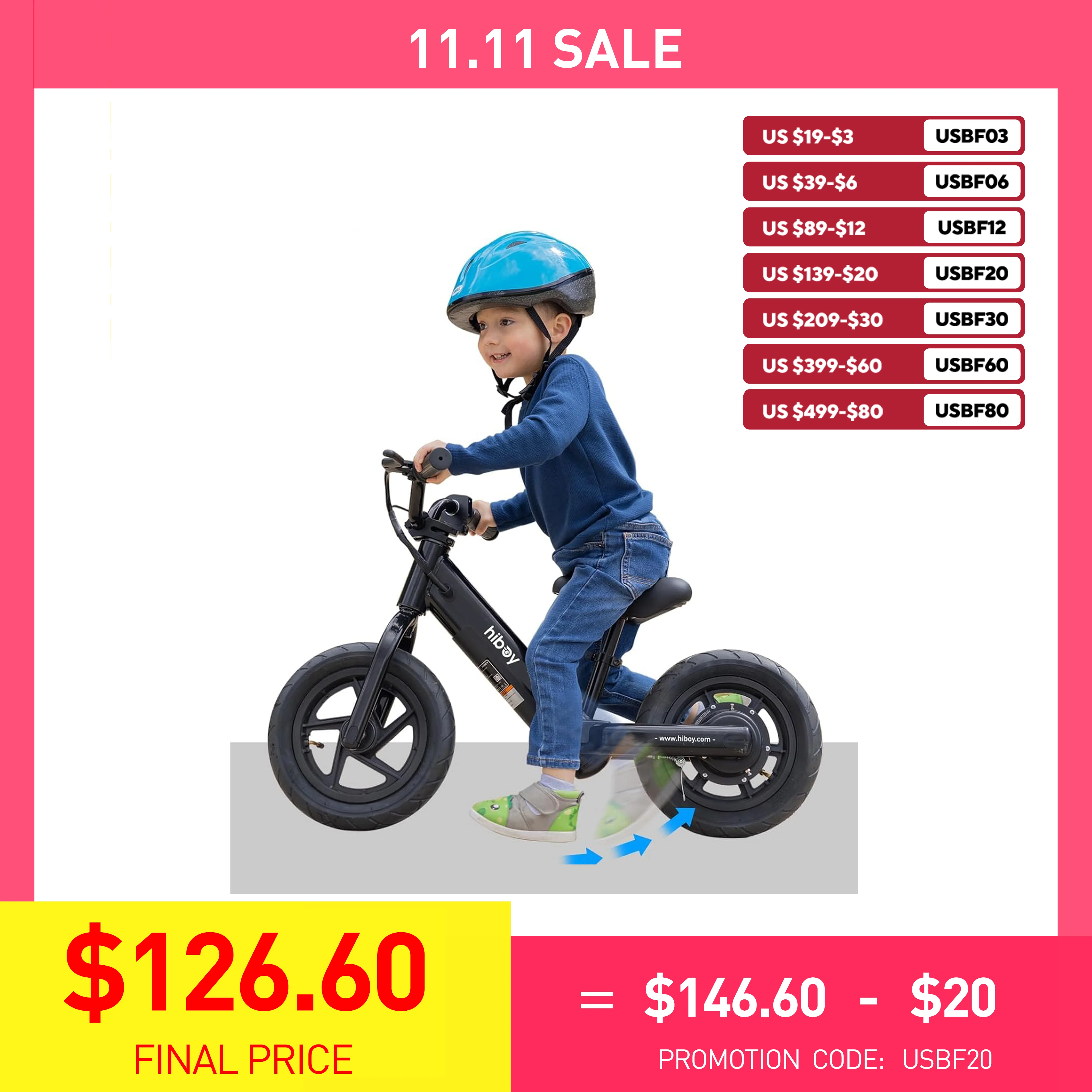 Hiboy 12 Inch Electric Balance Bike for Kids Ages 3-5, 24v 140w Boys & Girls Electric Bike with Adjustable Seat