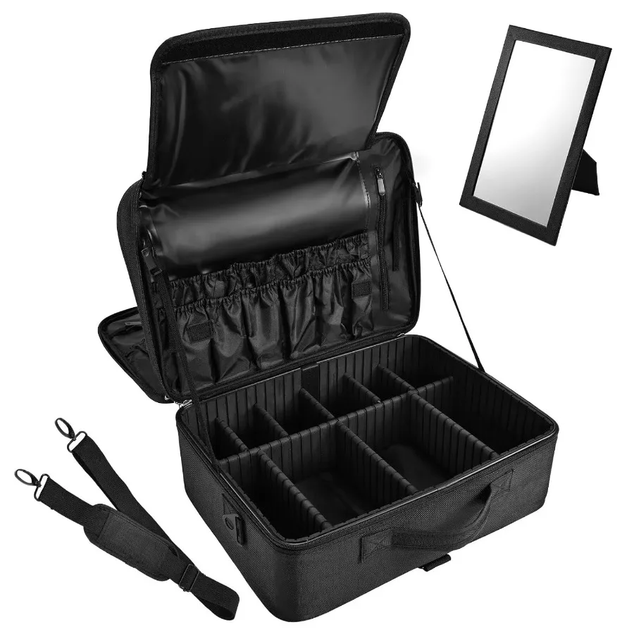 Oversized cosmetic case with mirror 3 layers cosmetics train bag nail storage salon suitcase barber case with divider
