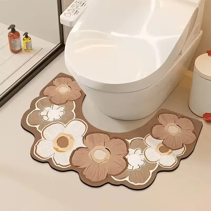 VIKAMA Wave Lace Flower U-Shaped Floor Mat, Vintage Floral Print Water-Absorbent Rug, Non-Slip Bathroom Toilet Mat, Decor