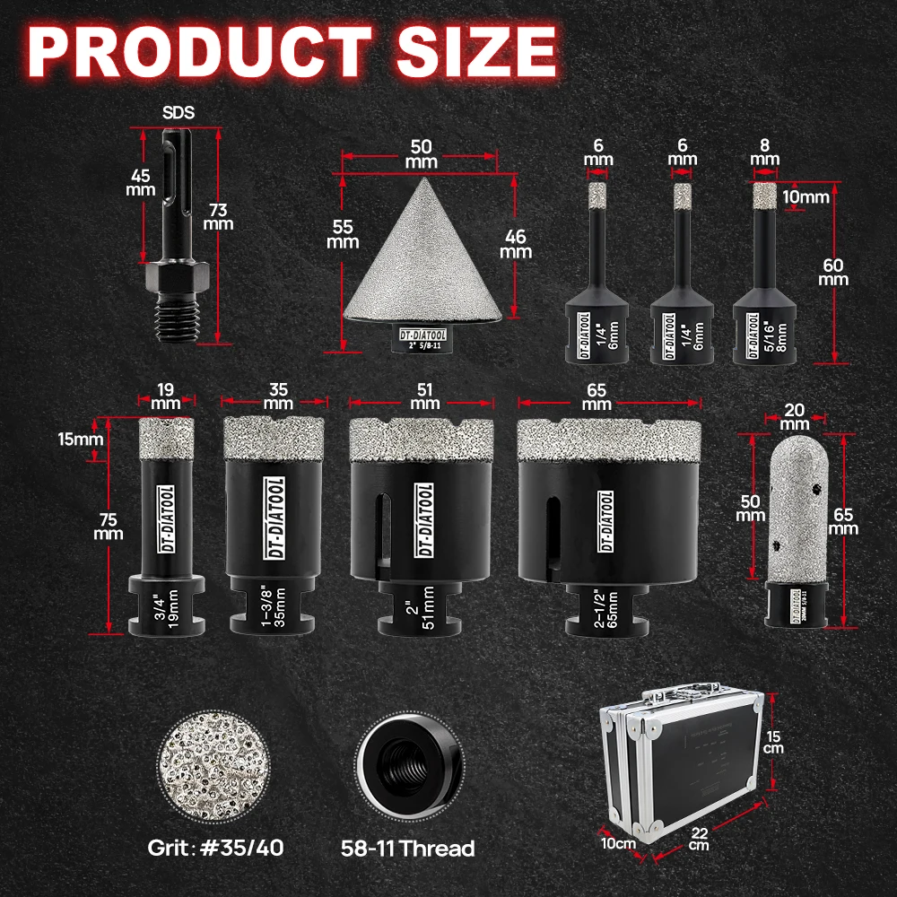 DT-DIATOOL 10Pcs Diamond Drill Bit Set Porcelain Tile Marble Core Bit Hole Saw 5/8-11 Thread Milling Bit Chamfer Bit Adapter