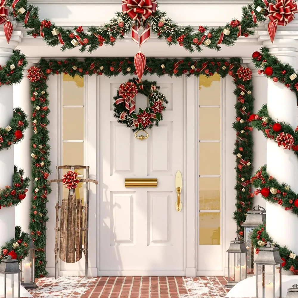 Christmas Decor Artificial Rattan Pine String Lights 50LED with Lights Simulated Wreath Decor Greenery Hanging Ornament