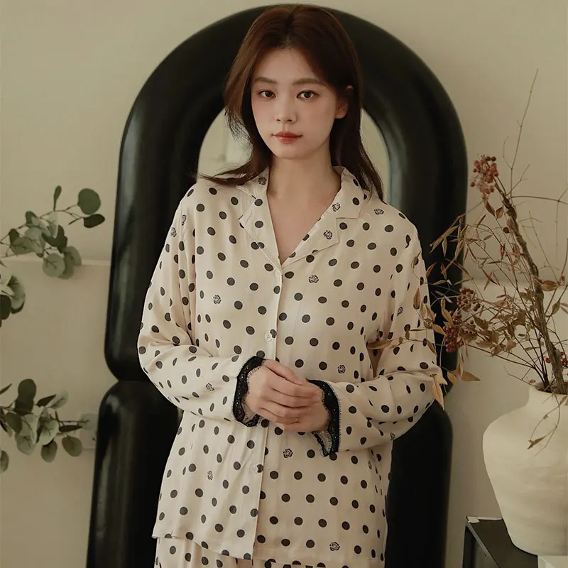 Women Viscose Satin Pajama Set Silky Smooth Black Polka Dot Lace Trim Lapel Button Down Long Sleeve Elegant Retro Home Wear