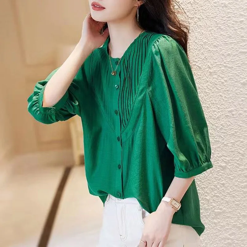 Elegant Fashion Solid Color Pleated Blouse Women Classic Half Sleeve Summer Single-breasted O-collar All-match Lady Shirt