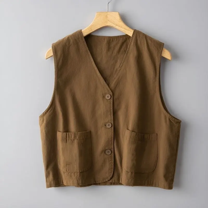 Womens Cotton Waistcoat V neck Double Pockets Vest Spring