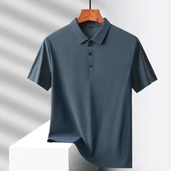 Polo allentata ad asciugatura rapida in seta di ghiaccio estiva bottone con risvolto solido da uomo di mezza età semplice Versatile Casual sottile Top manica corta