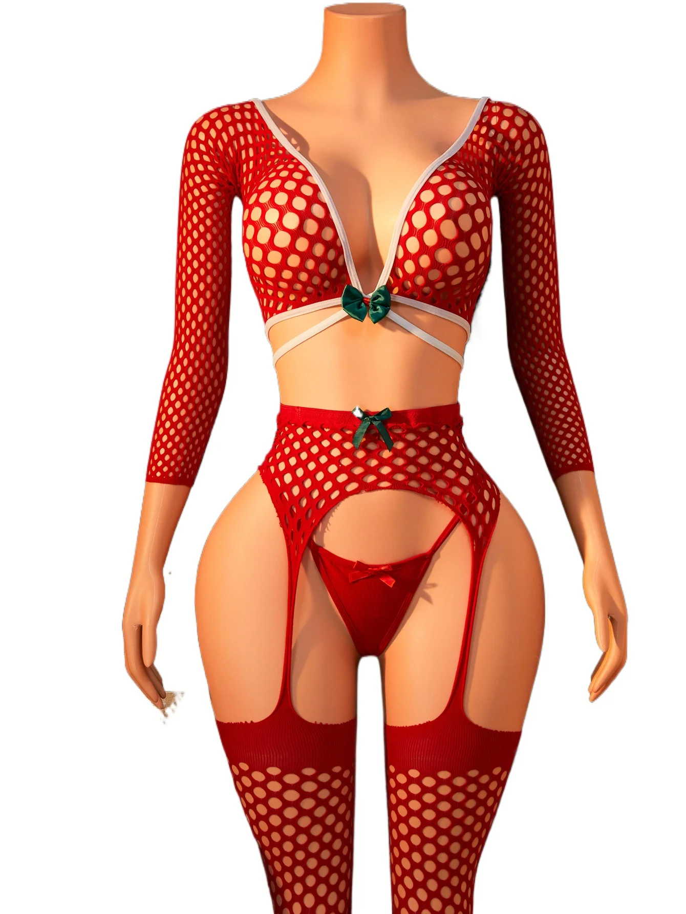 FHSEER Christmas Women Lingerie Set Fishnet Deep V Neck Exotic Teddy Bodysuit with Garter Belt Holiday Party Rave Xmas Outfit