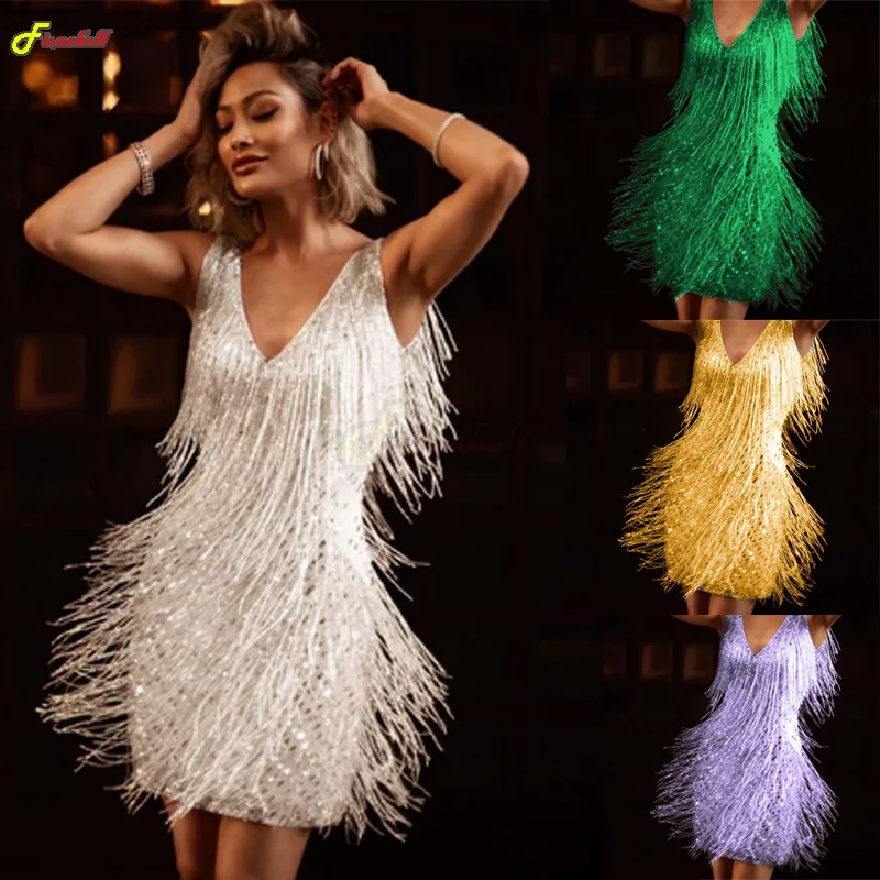 Women Sexy Tassel Dress V Neck Sleeveless Backless NightClub Dresses Prom Samba Fringe Dance Flapper Pencil Mini Cosplay Dress