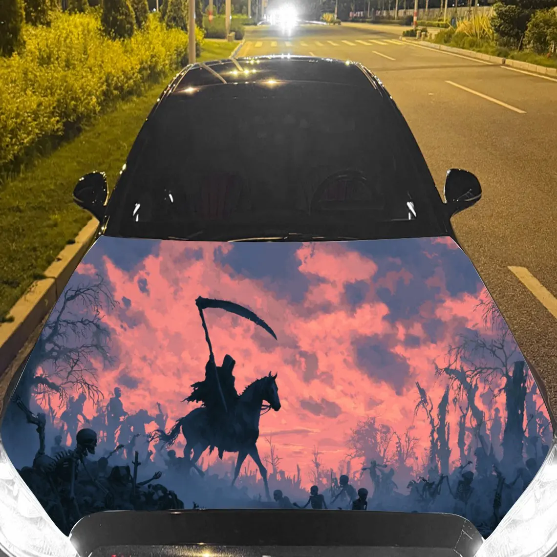 

Sunset & Dark Grim Reaper on Horse Car Hood Film, Car Exterior Scratch Resistant Decal, Beautifying Appearance, Trendy Gift for