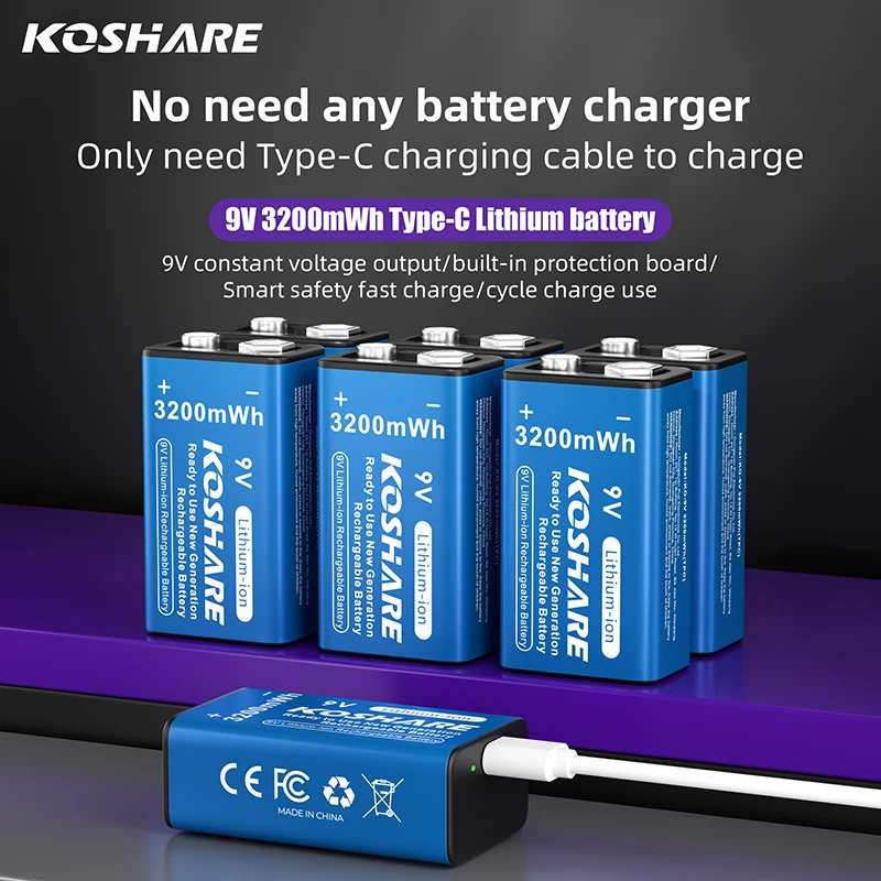 KOSHARE Rechargeable 9V Li-ion Batteries3200mWh High Capacity 6F22 Lithium Battery With Type-C Cable For Multmeter Flashlight