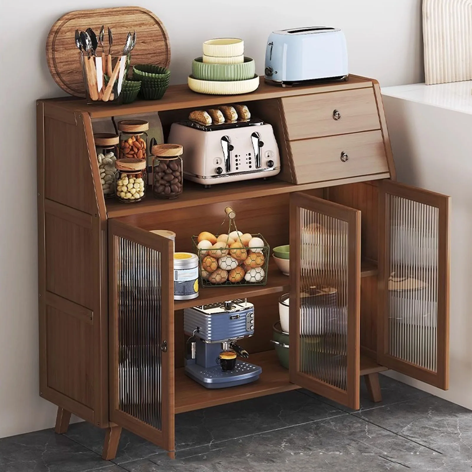 Buffetschrank mit 2 Schubladen und 3 Transparenten Türen, Küchenbuffet, Multifunktionales Platzsparendes Sideboard mit 2 Regalen für Esszimmer – Detail 7