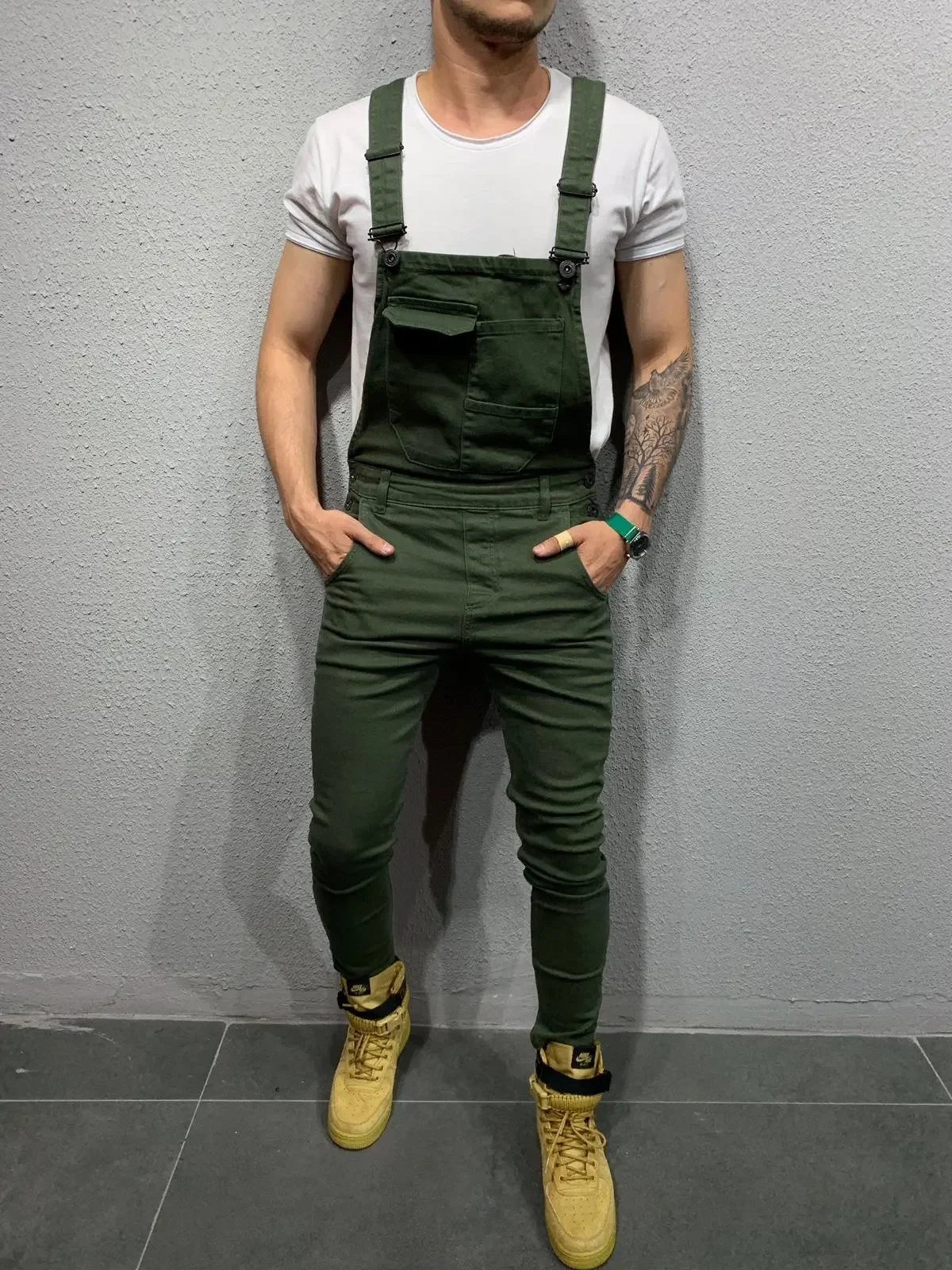 Men Denim Overalls Washed Pencil Ankle Length Trousers Slim Fit One Piece Jeans Pockets Casual Jumpsuit Vintage Suspenders