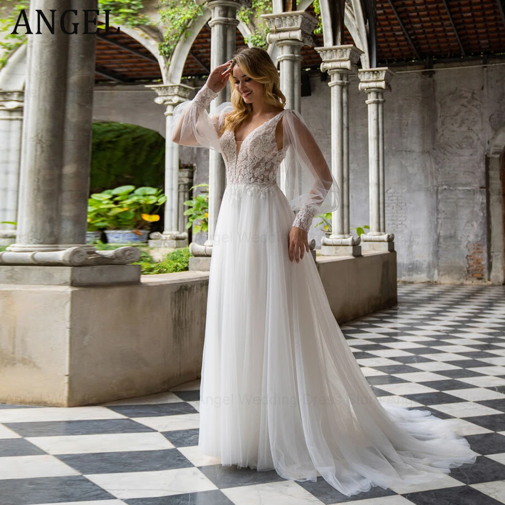 

ANGEL Sexy Backless V-Neck Wedding Dress 2024 A-Line Puff Sleeves Applique Bridal Gowns Custom Made Plus Size Hochzeitskleid