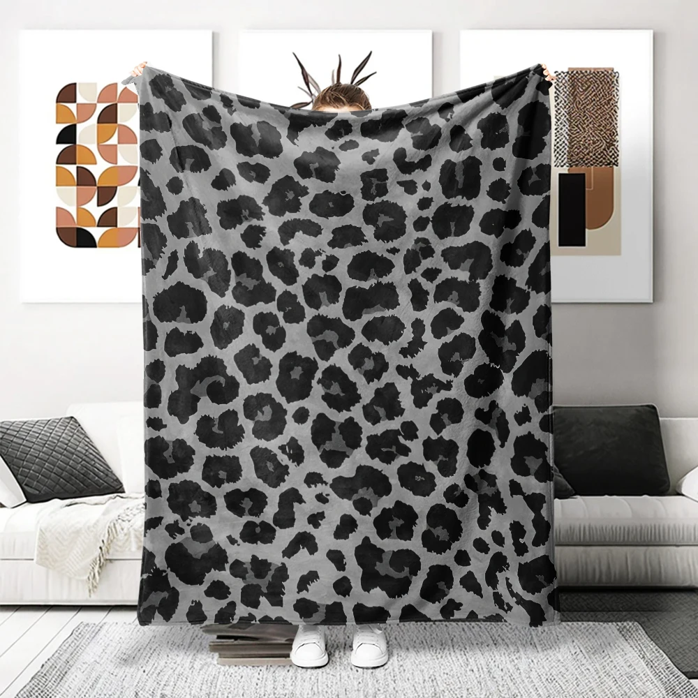 Grey Black Leopard Print Flannel Blanket Perfect For Sofa Office Bed Travel Sleep Read Relax Camping Four Season Use