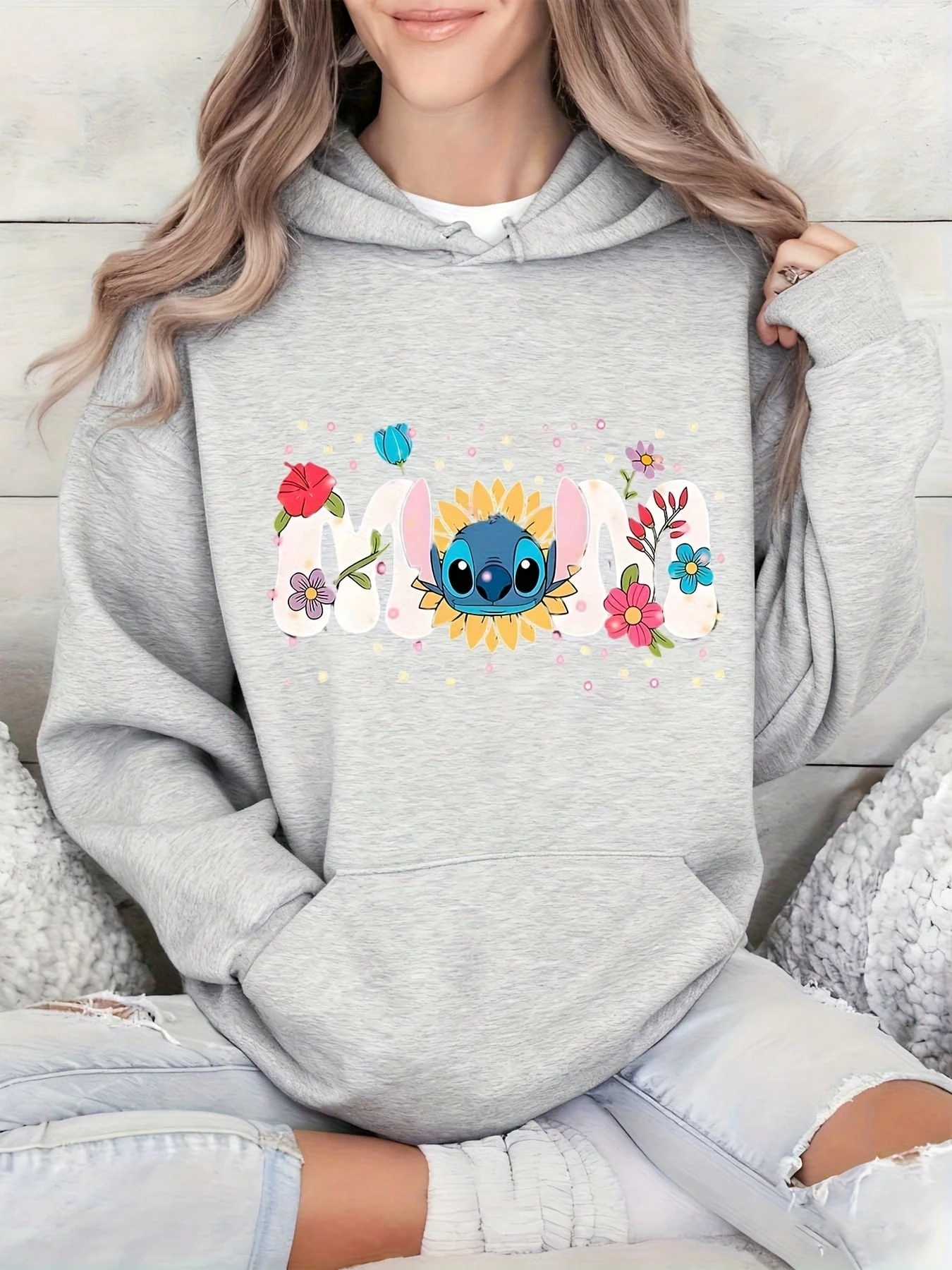 

Худи унисекс Disney Fall/Winter 2026 Star Baby Stitch с принтом «Мать цветов», 100% хлопок, повседневная теплая кофта