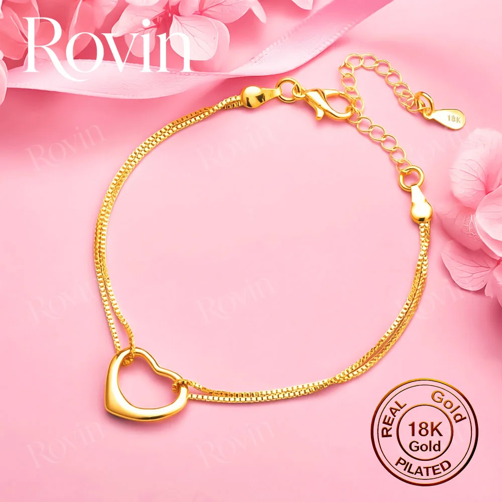 Exquisite 18K Gold 8-Inch Double-Layer Openwork Heart Bracelet – Stylish Women's Wedding Jewelry & Party Gift