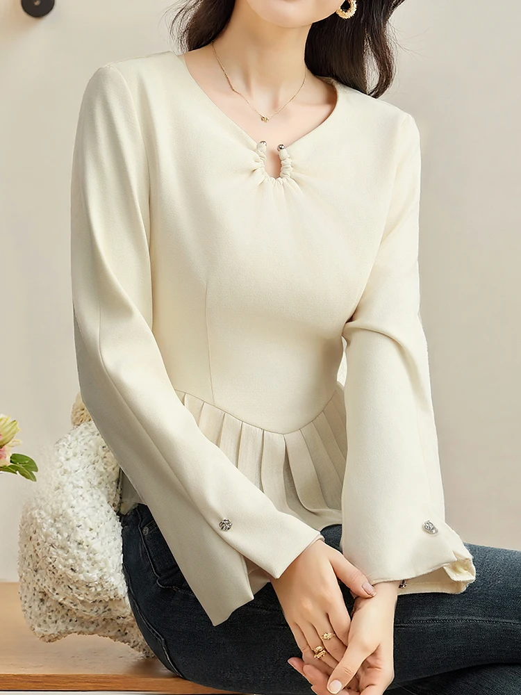 Stylish Office Ladies Apricot Shirts Long Sleeve Korean Fashion Women Tops Slim Waist Ruffles Shirts Solid Color Commute Shirts