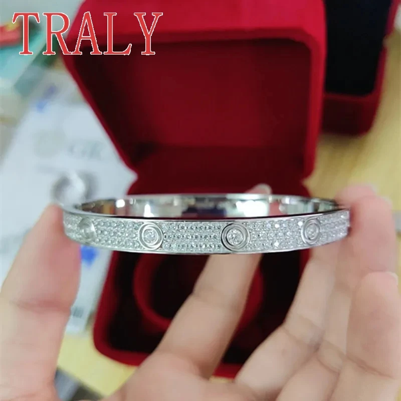 PT950 Platinum Couple Bracelet Moissainte 6mm Wide Three Rows of Full Diamond Bangle 16cm-20cm High Quality Luxury Women Jewely