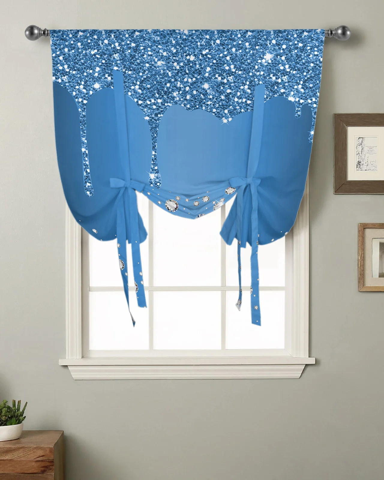 Blue Sparkling Diamond Droplet Texture Kitchen Short Window Curtain Modern Home Decor Small Window Roman Tie Up Curtains