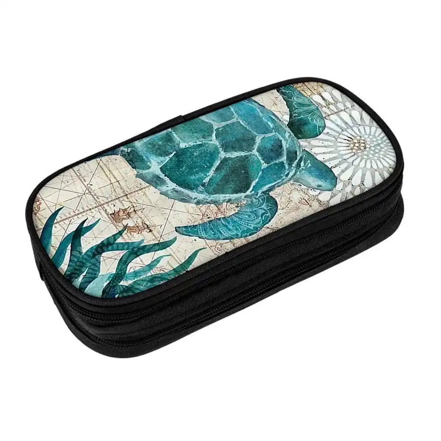 Green Sea Turtle Pattern Multifunctional Double Layered Pen Case For Boy And Girls Best Gift 2D Cartoon Pencil Case For Children