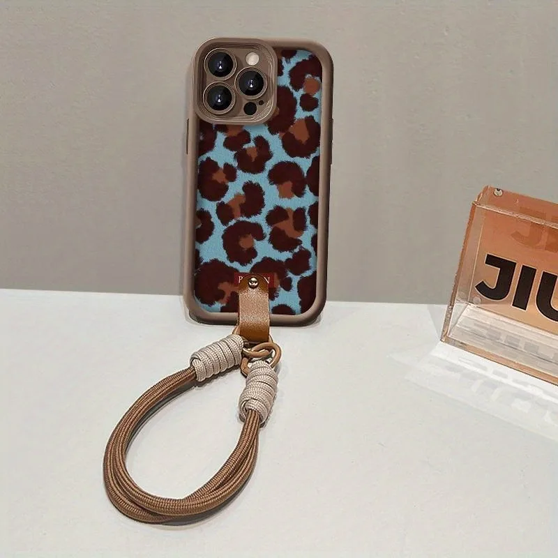 Retro Blaues Leopardenmuster Lanyard-Handyhalter für iPhone 14 15 16 17 ProMax 15 14 13 Pro Plus Stoßfeste Matte Silikonhülle – Detail 4