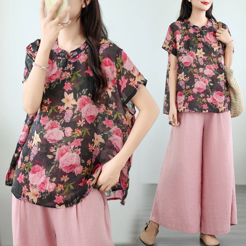 

Ультратонкий женский топ из хлопка и льна с китайским принтом, новый летний свободный дзен-косой све с воротником-стойкой irt