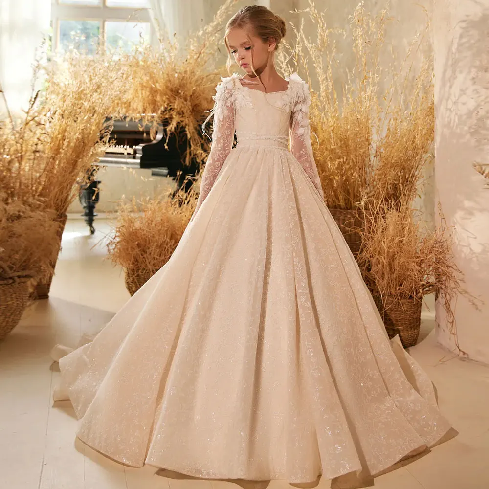 

Jill Wish Champagne Luxury Long Sleeve lace Applique Girl Dress for Princess Wedding Birthday Party Gowns vestidos de novia J260