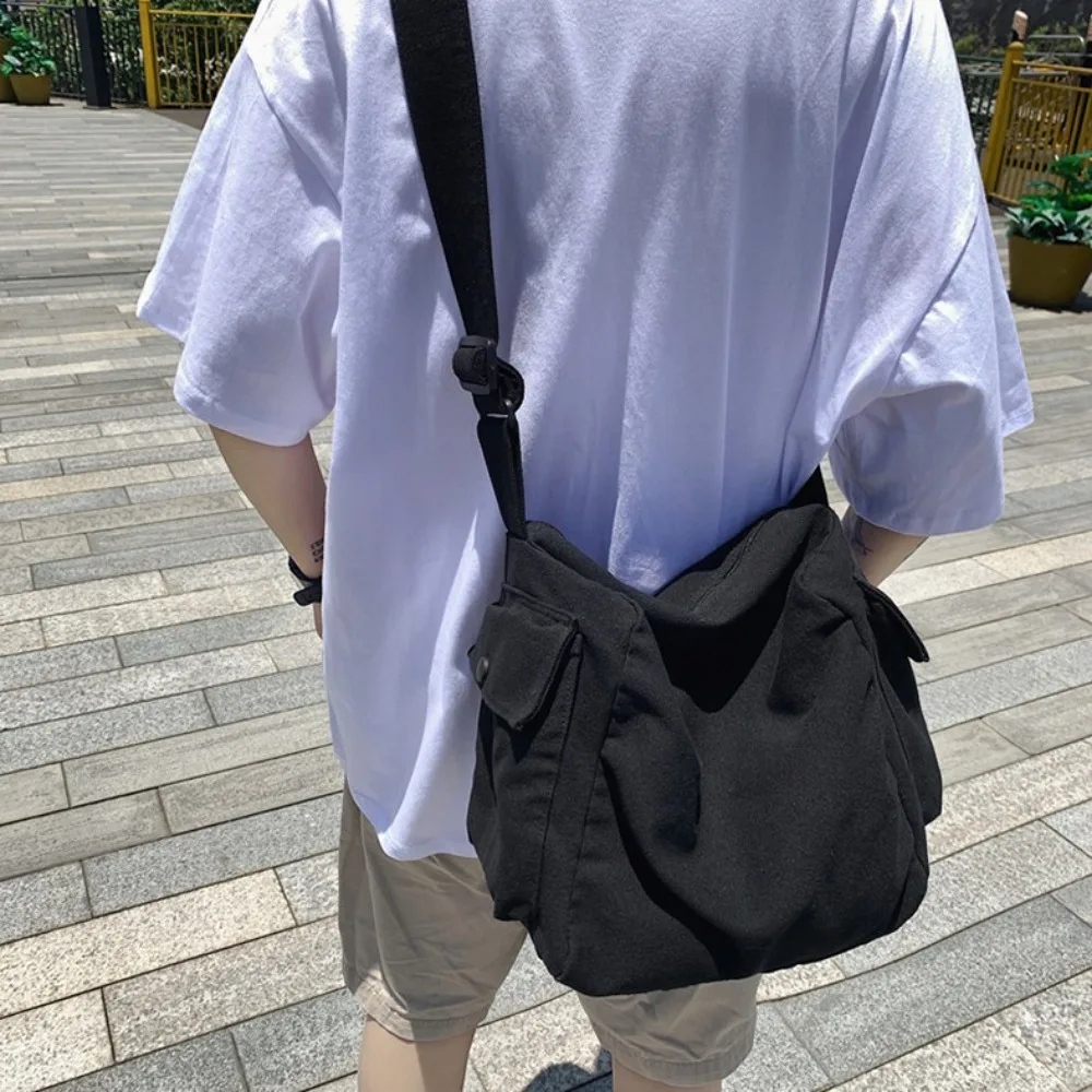 Fashion Canvas Messenger Bag Large Capacity Solid Color Hobo Bag Multi-pocket with Zipper Crossbody Bag