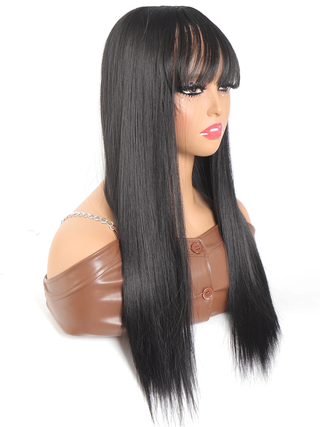 Synthetic 24 INCH Replacement Wig With Bangs Top Hair Pieces Cover Black Hair Straight Natural Invisible Replacement Fake Hair