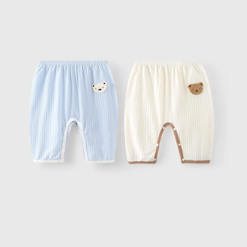 

Baby Summer Pure Cotton Breathable Middle Pants 2-piece Set, Rice White/Light Blue Bear Decorative Casual Split Pants