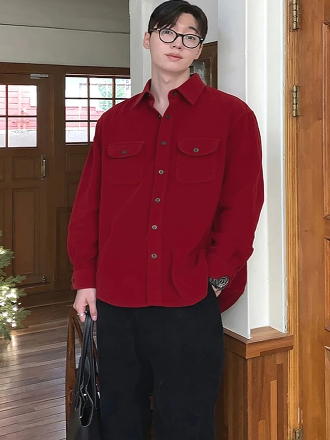 

Красная вельветовая рубашка с длинным рукавом, мужская повседневная свободная рубашка-кардиган, теплая рабочая одежда, рубашка с отложным воротником и пуговицами