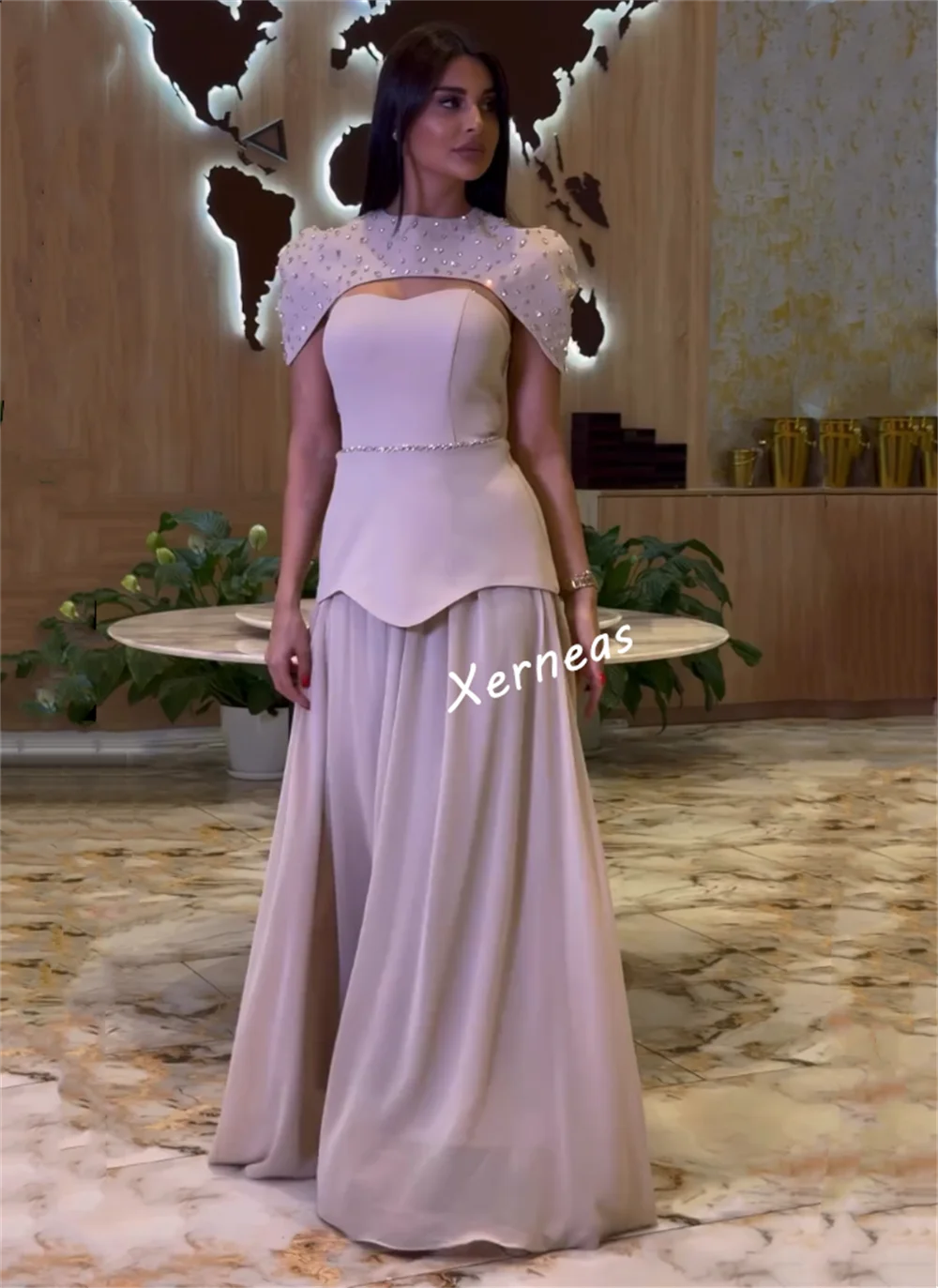 Customized Jersey Rhinestone High Collar Shawl A-line Long Dresses Bespoke Occasion Prom Women's Evening Elegant Party Wedding