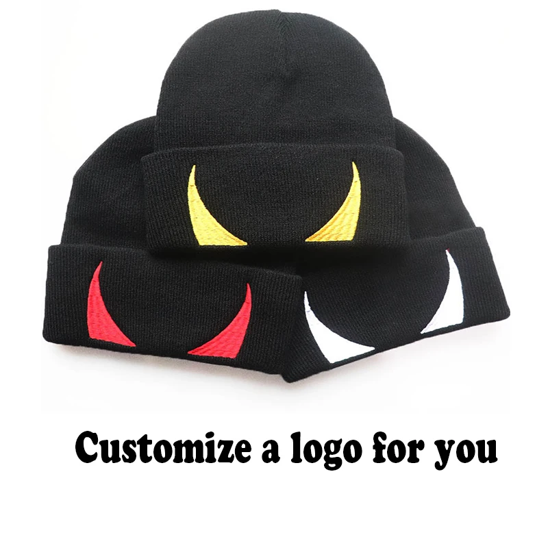 Halloween Devil Horn Embroidery Pattern Knitted Beanie Hat Autumn and Winter Halloween Cow Horn Head Cap Warm Hip Hop Hat