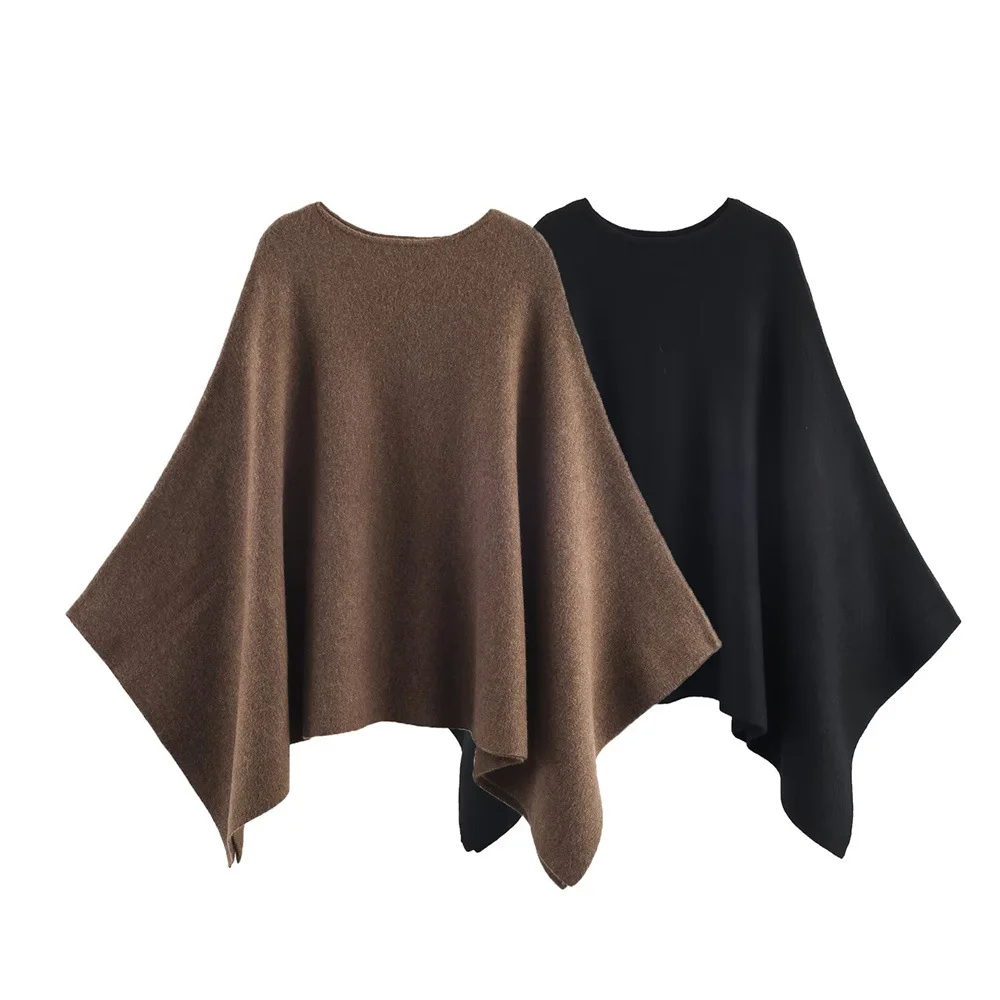 2026 women's new fashion oversized loose version of the round neck cape sweater solid color bat sleeve sweater