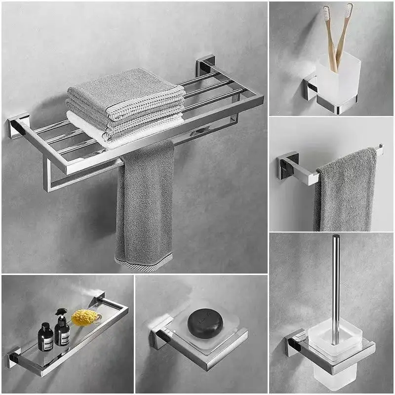 Deluxe Stainless Steel 5 Piece Square Design Towel bar Set Matt Black Wall Mounted Bathroom Accessories Hardware Set