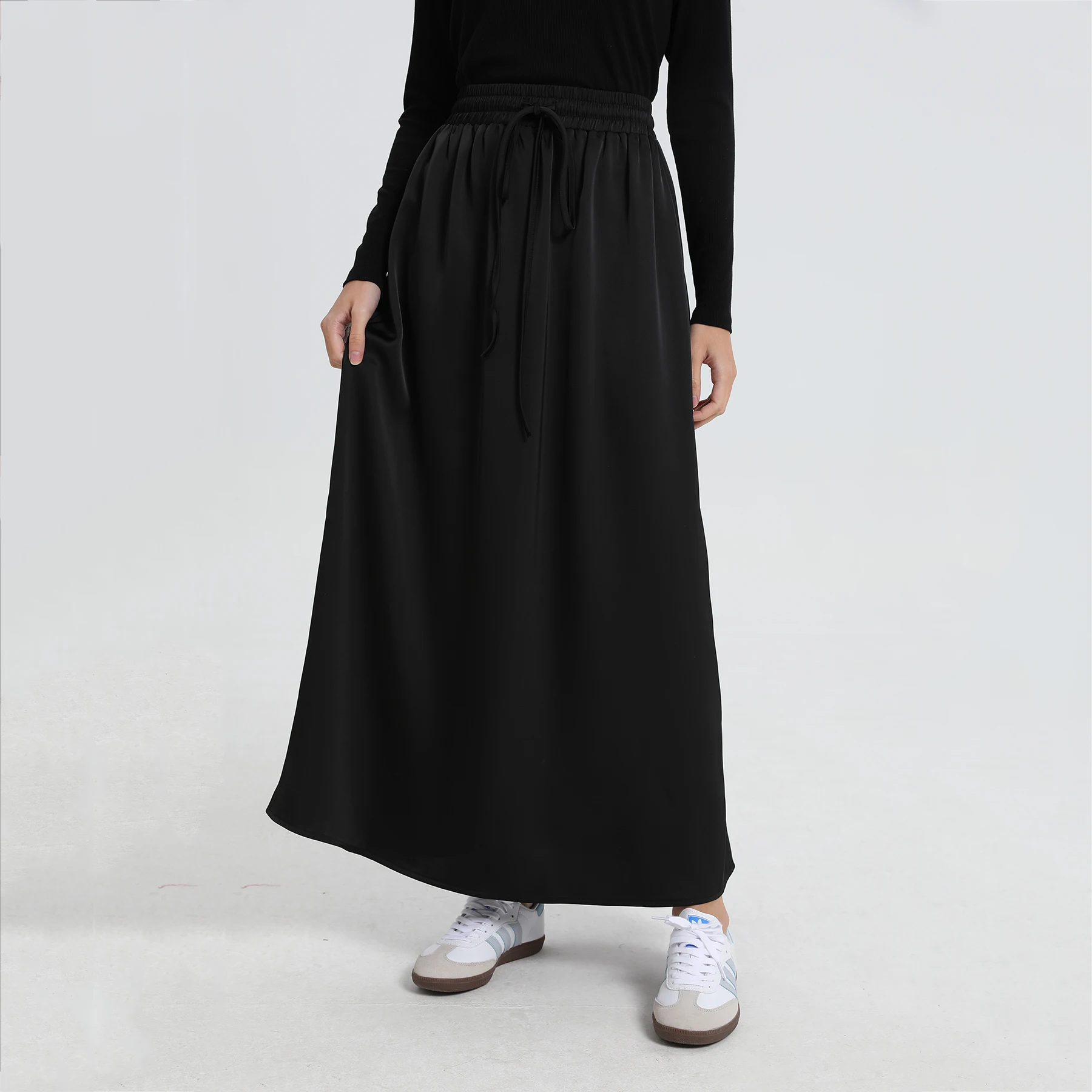 I-2024-Robe Maxi en Satin Noir pour Femme, Jupe à la Mode, Nouvelle Collection Été