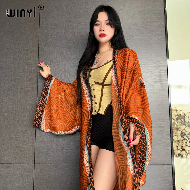 2024 Summer WINYI boho kimono fashion dress beach wear cover-up elegant Cardigan beach outfits for women Hot stamping print coat